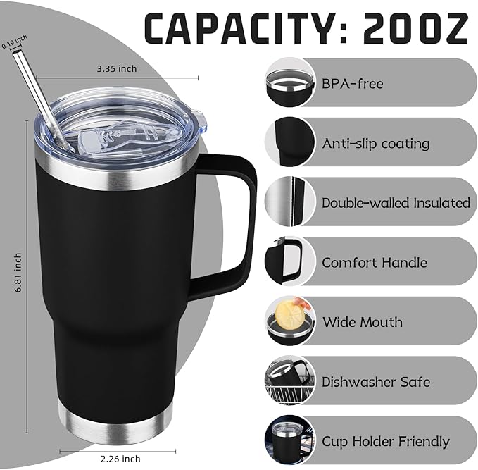 20 oz Tumbler with Handle Stainless Steel Insulated Coffee Tumbler with Lid and Straw Double Wall Vacuum Insulated Coffee Mug Leak Proof Travel Mug Tumbler for Hot and Cold Drink (Black,4pack)
