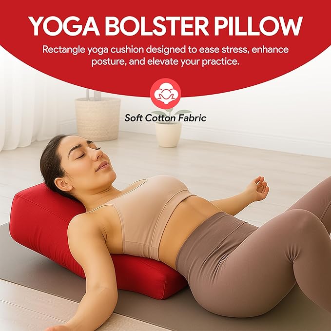 Rectangular Yoga Bolster Pillow for Meditation, Yoga & Back Support – Soft Meditation Cushion with Removable Hand Wash Cotton Cover & Carry Handle (Red) - Bloomnest