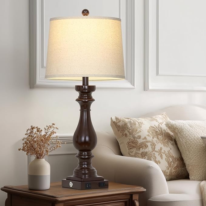 29" Tall Farmhouse Table Lamp for Living Room Set of 2,Vintage Retro Nightstand Lamps with USB C+A Ports & AC Outlet,3-Way Dimmable Touch Bedside Lamp for Bedroom Side Table,Dark Brown - Bloomnest