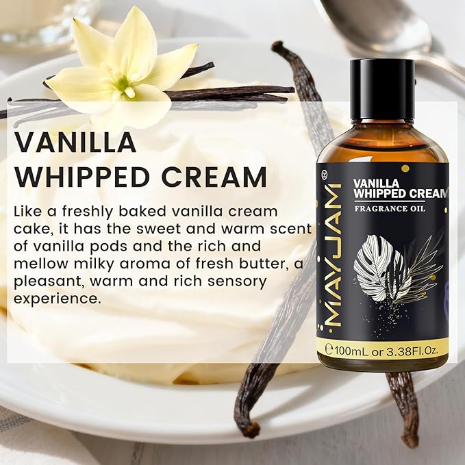 Vanilla Whipped Cream Fragrance Oil Essential Oil, MAYJAM 3.38FL.OZ Vanilla Whipped Cream Oil for Diffusers for Home, Long Lasting Scented Oils for Soap Candle Making - 100ML MAYJAM