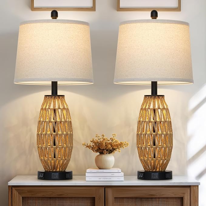 27" Rattan Table Lamps Set of 2, Boho Bedside Lamp for Bedroom with Night Light, Coastal Woven Wicker Nightstand Lamps with USB A+C Charging Port & AC Outlet, Tall Farmhouse Living Room Lamp - Bloomnest