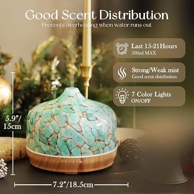 Porseme 500ml Glass Essential Oil Diffuser Aromatherapy Ultrasonic Cool Mist Humidifier 15-21 Running Hours Waterless Auto-Off Air Diffusers for Sleeping Yoga Office Working Spa and Rest (Light Blue) - Bloomnest