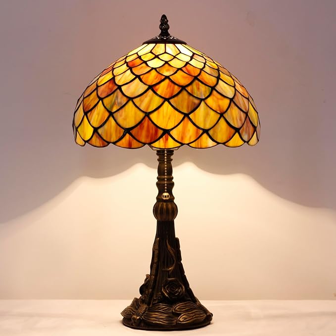 Tiffany Stained Glass Table Lamp 12X12X19 Inch Brown Fish Scales Style Desk Bedroom Living Room Reading Light(Brown Fish Scales) - Bloomnest