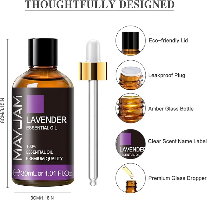 Lavender Essential Oil 30ML/ 1.01FL.OZ, MAYJAM Pure Aromatherapy Lavender Oil for Massage, Diffuser, Soap Making, Long Lasting Scents - Bloomnest