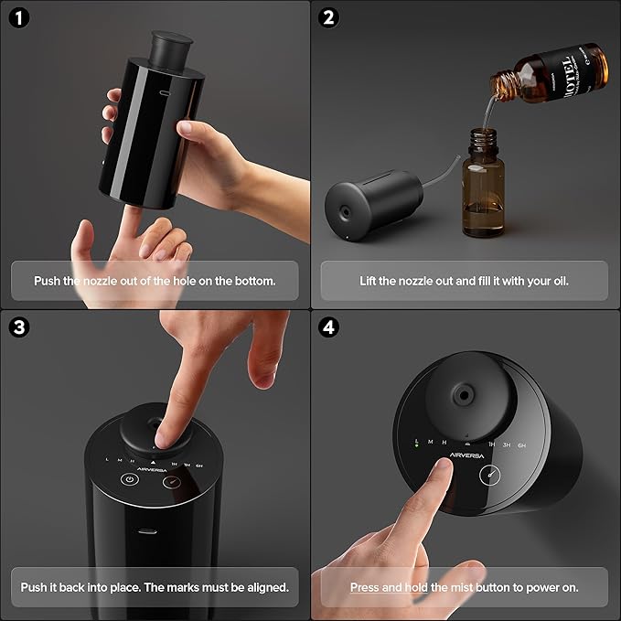 Airversa Waterless Essential Oil Diffuser Starter Kit with 30mL Hotel Fragrance Oil Inspired by BaCRT, Battery Operated Car Diffuser, Portable Aroma Nebulizer for Home Car Office, AN6Kit-4, Black - Bloomnest