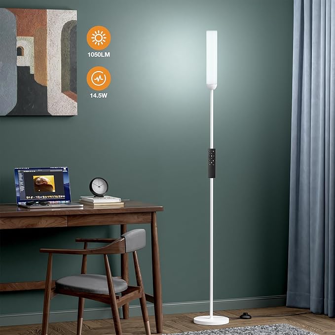 LED Floor Lamp with Remote Control, 65" Standing lamp with Stepless Adjustable 3000K-6500K Colors & 5%-100% Brightness, Foot Switch(White) - Bloomnest