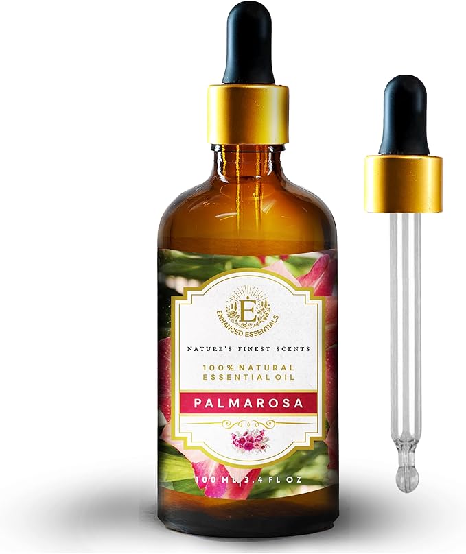 Luxurious Palmarosa Essential Oil by Enhanced Essentials| Slow Distilled & Pure| for Home,Diffusers,Skin & Hair Care,Aromatherapy,Bath,Perfume,Soap & Candle Making|with Glass Dropper|100 ml - Bloomnest