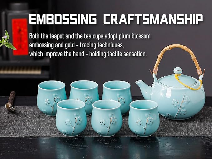 Japanese Tea Set with 1 Teapot(23 oz/660ml), 6 Tea cups(5.3 oz/150ml), 1 Tea Tray, 1 Stainless Infuser, Golden plum blossom relief,Chinese gungFu tea set (Golden plum-Blue) - Bloomnest