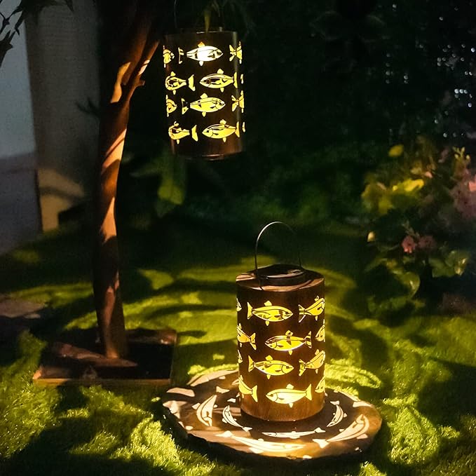 HONGLAND Solar Hanging Lanterns Outdoor, Waterproof Hollowed-Out Fish Design with Warm White LED, Auto On/Off Solar Lantern for Garden, Patio, Porch Decor - Bloomnest