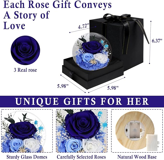 FIACO Preserved Rose Birthday Gift for Women Forever Fresh Flowers for Prime Delivery Gift for Mom Grandma Wife Valentines Mothers Day Christmas Anniversary Eternal Roses in Glass Dome - Bloomnest