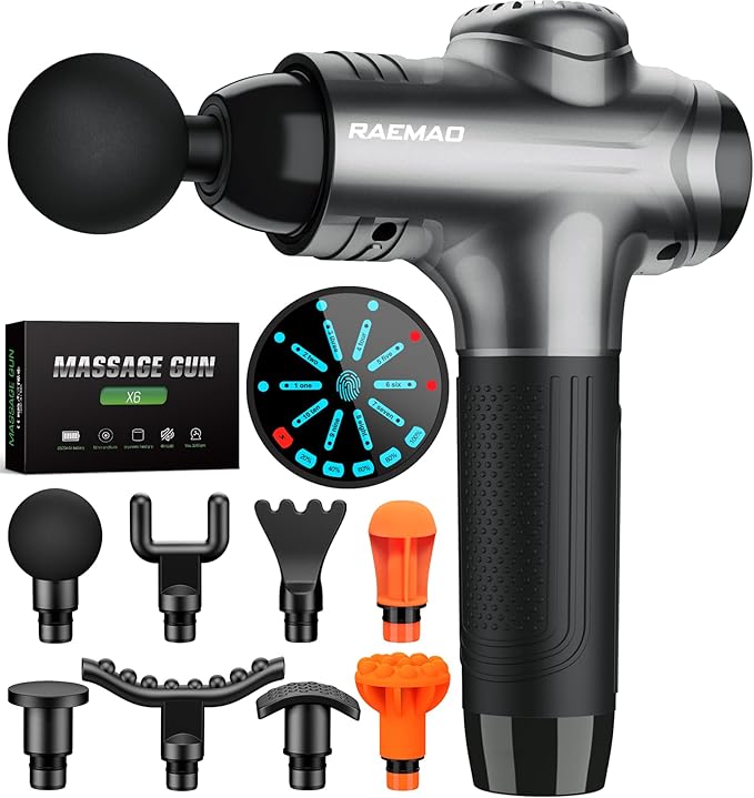 RAEMAO Massage Gun, Massage Gun Deep Tissue, Back Massage Gun for Athletes for Pain Relief Attaching 10 PCS Replacement Heads, Percussion Massager with 10 Speeds & LED Screen, Grey - Bloomnest