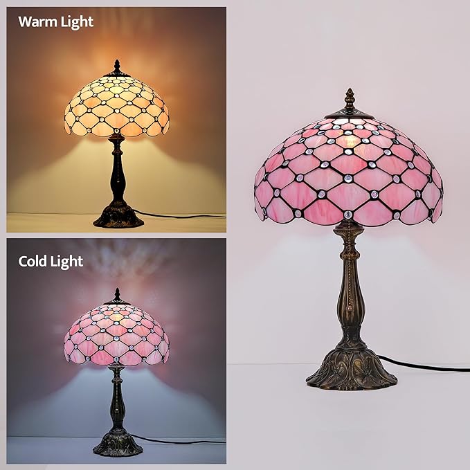 Tiffany Lamp Vintage Pink Stained Glass Bead Table Lamp Desk Bedside Reading Light Decor Bedroom Living Room Home Office D12*H18 Inches - Bloomnest