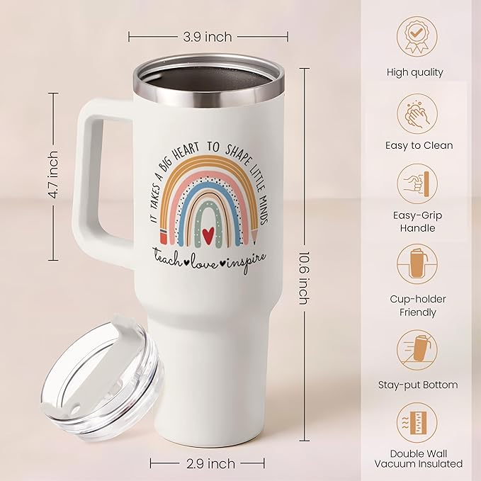 SANDJEST Teacher Appreciation Gifts - It Takes a Big Heart 40oz Stainless Steel Tumbler with Handle - Thank You Gift for Teacher's Day & Graduation - Bloomnest