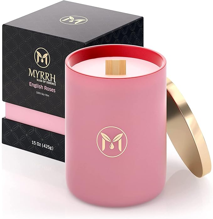 MyrrhUSA Rose Scented Candle – 15 oz Natural Soy Wax with Crackling Wooden Wick & Essential Oils | 80 Hour Burn | Luxury Aromatherapy Candle for Relaxation, Home Décor, Living Room & Bathroom - Bloomnest