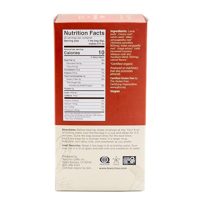 Teeccino Chaga Ashwagandha Tea - Butterscotch Cream - Organic Mushroom Adaptogenic Herbal Tea, 3x More Herbs than Regular Tea Bags, Prebiotic, Caffeine Free, Gluten Free - 25 Tea Bags (Pack of 3) - Bloomnest