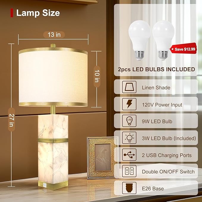 Natural Alabaster Table Lamps Set of 2 - Table Lamp with Night Light for Bedroom,Nightstand Lamps with USB Ports,Bedside Lamps with Linen Fabric Shade for Living Room,Bedroom,Office,Bar(Bulb Included) - Bloomnest
