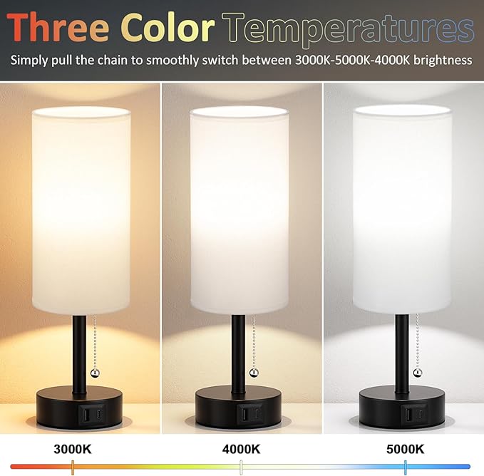 Fenmzee USB Bedside Table Lamps Set of 2-3 Color Temperatures Pull Chain Lamp with USB C and A Charging Ports, Round Night Stand Lamps for Bedroom - Bloomnest