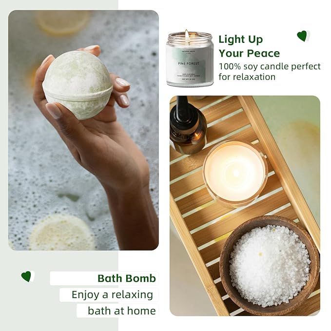 Natural Amor Green Spa Gift Set for Women, Peppermint Forest Bath Gift for her,5pc Bath & Body Gift Including Soap Bar, Candle, Bath Bomb - Bloomnest