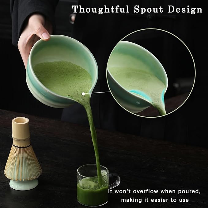 Japanese Matcha Set, Matcha Bowl with Spout, Matcha Whisk and Holder, Bamboo Matcha Scoop and Stainless Steel Sifter - 5 Pcs Gradient Green Matcha Kit for Matcha Lover - Bloomnest