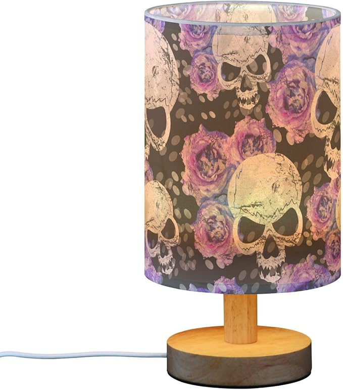 Gothic Pattern Table Lamp with Wood Base and Fabric Shade - Purple, Blue Rose Flower Design for Nightstand, Bedside, Desk, Living Room, Bedroom, Kids Room, Office - Bloomnest
