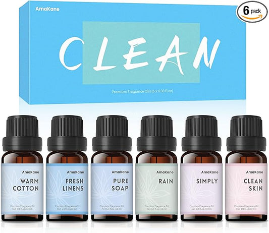 AmaKane Fragrance Oils Clean Set, 6 Premium Soap Making Scents, Fragrance Oil for Candle Making, Essential Oils for Laundry, Fresh Linen, Clean Skin, Warm Cotton and More Aromatherapy Diffuser Oils - Bloomnest