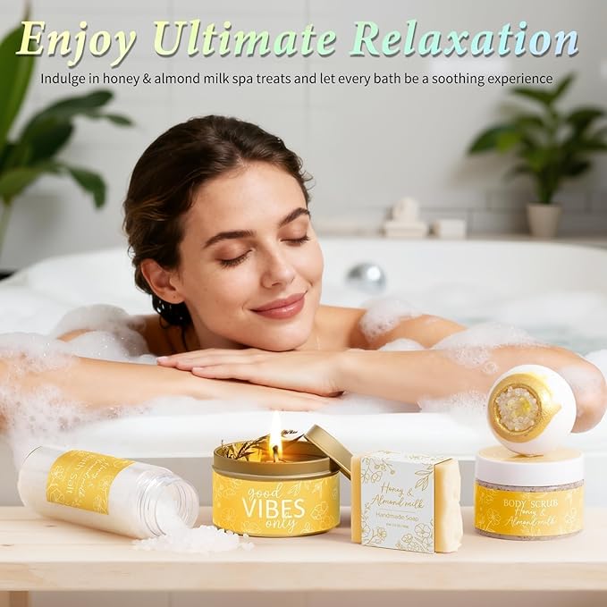 Spa Gifts for Women Bath Gift Set, Honey & Almond Milk Relaxing Spa Gift Baskets Home Bath Self Care Kit Care Package Thank You Birthday Valentines Day Gifts for Her Women Mom Friend Sister Teen Girl