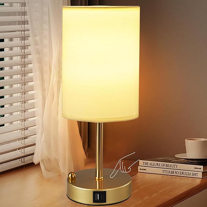 Briever Touch Control Table Lamp for Bedroom, 3-Way Dimmable Nightstand Lamp with USB Charging Ports, Bedside Desk Lamp with Gold Phone Stand & Round Linen Fabric Shade, Bulb Included - Bloomnest