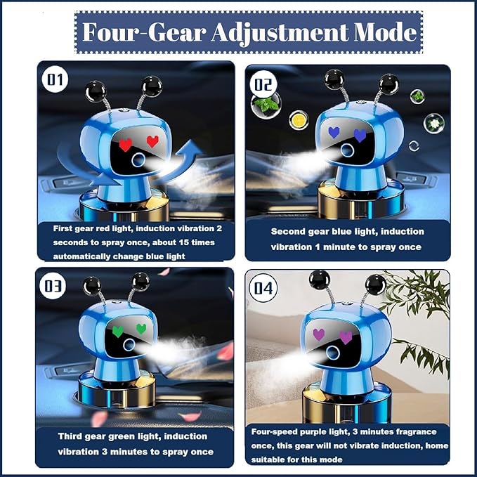 Robot Intelligent Aromatherapy Machine, Smart Cute Robot Car Air Freshener - Fine Spray/Fillable/Four-Gear Adjustment/Vibration Sensing/On-Off/Large Capacity Long-Lasting Fragrance/Blue-V2(Ocean) - Bloomnest