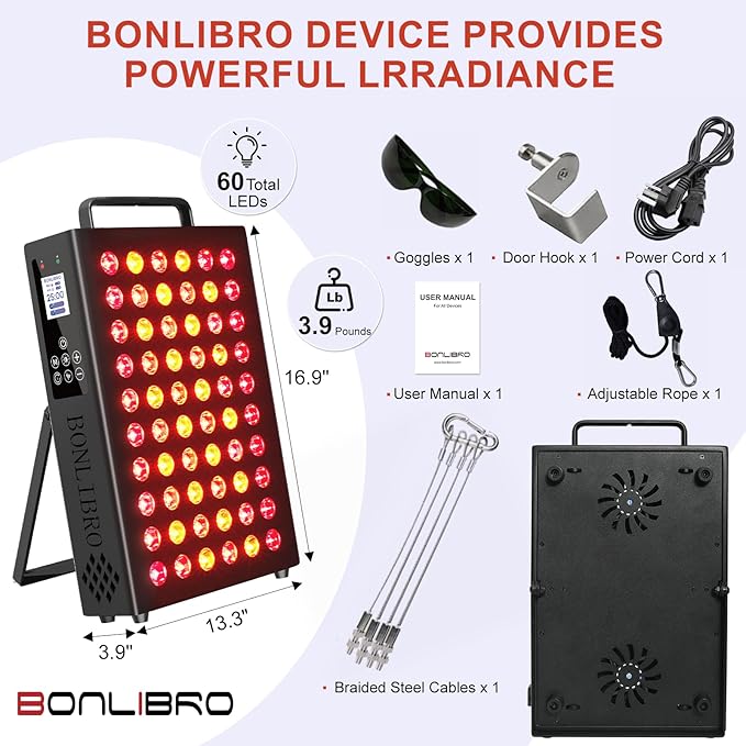 Red Light Therapy Panel, Clinical Grade Dual Chip with Near-Infrared Light 850nm 940nm 660nm 630nm High Power Panel for Pain Relief, Body, Face, Skin Health, Improve Sleep (BN-60) BONLIBRO