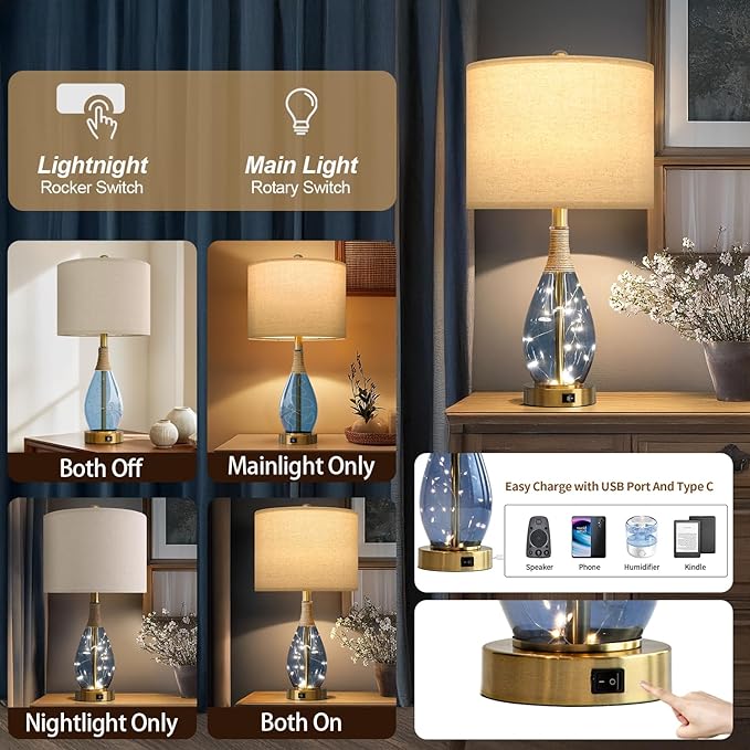 OYEARS 23" Table Lamps for Living Room Set of 2 Bedside Lamps for Night Stands Bedroom Lamps Farmhouse Rattan Boho Lamp Glass Nightlight End Table Lamp with USB C+A (Blue),Two Light Points - Bloomnest