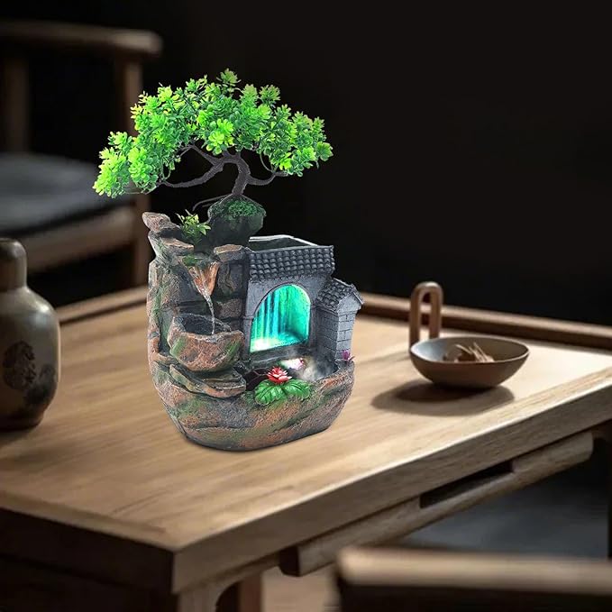 Tabletop Water Fountain with LED Lights, Indoor Relaxing Desktop Fountain with Water Pump, Modern Home Office Decor for Desk, Living Room, Bedroom, 11.81 Inch Resin Waterfall Feature - Bloomnest