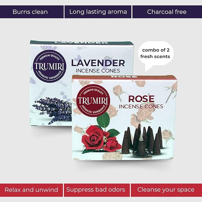 TRUMIRI Incense Cones - Combo Pack of 20 Cone Incense - 10 Rose + 10 Lavender - Insence Cones - Incense Cones Scented - Cone Incense Scents - Insense Cones - Incent Cone TRUMIRI