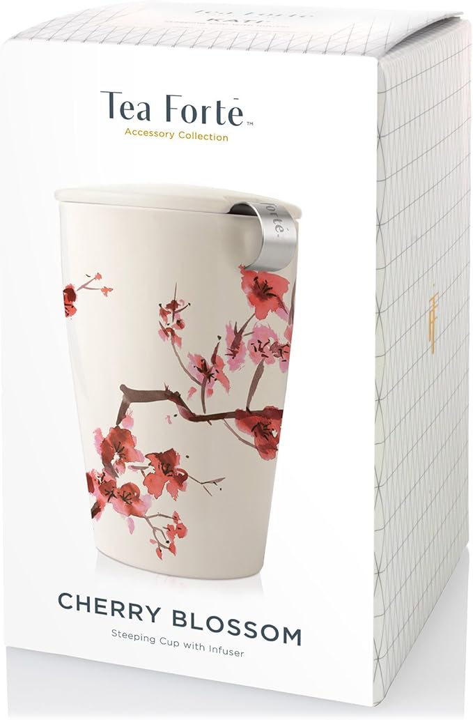 Tea Forte Double-Walled Ceramic Kati Cup, Removable Stainless Steel Infuser Basket and Lid, Steeps 12 oz Loose Leaf Tea, Dishwasher & Microwave Safe, Cherry Blossom - Bloomnest