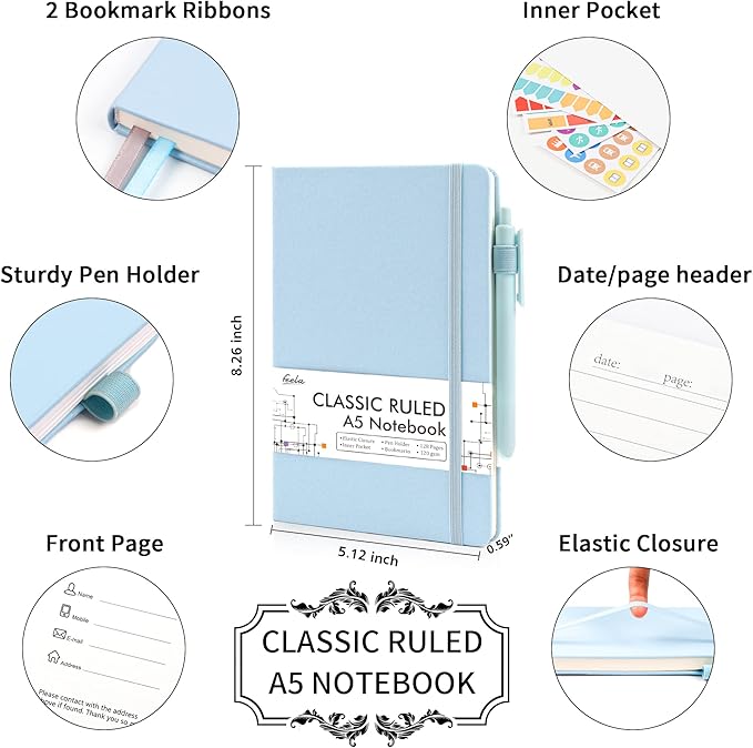 feela 24 Pack Journal Notebook for Work, Business Notebook Bulk Hardcover Lined Writing Journal with Pen Holder for Men Women Note Taking, with 24 Black Pens, 120 GSM, 5.1”x8.3”, A5, Light Blue - Bloomnest