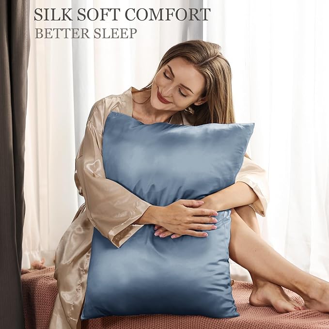 Adubor 100% Silk Pillowcase - Mulberry Silk Pillow Cases, 23 Momme 6A Grade Fibers, Silk Pillow Case for Hair and Skin Health, with Hidden Zipper (Standard 20''×26'', Gray Blue, 1PC) - Bloomnest