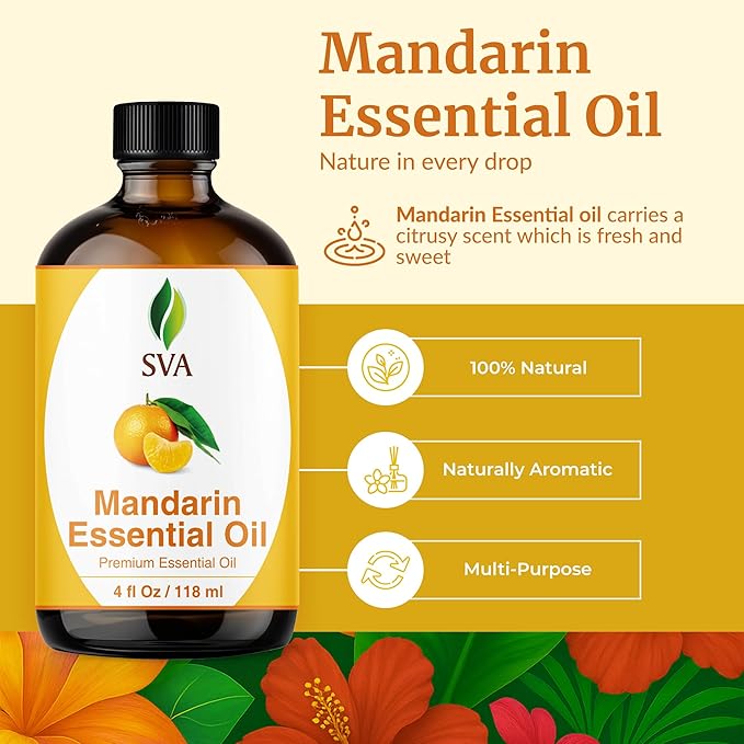 SVA Mandarin Essential Oil – 4 Fl Oz – 100% Natural Mandarin Oil - for Diffuser, Hair Care, Face, Skin Care, Aromatherapy, Scalp and Body Massage, Soap and Candle Making – with Dropper - Bloomnest