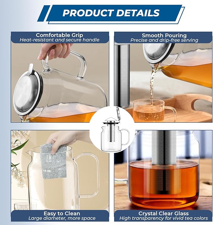 Aquach 85oz Glass Teapot with Stainless Steel Removable Infuser, Stovetop & Dishwasher Safe, Ideal for Brewing Loose Leaf & Blooming Tea - Bloomnest