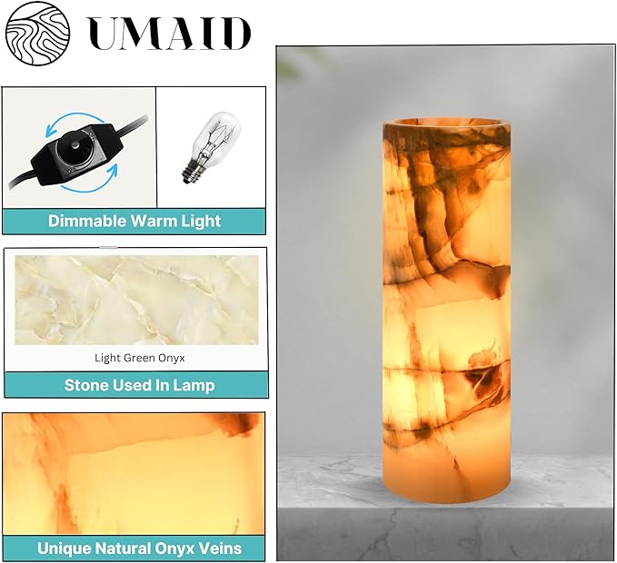UMAID Handcrafted Onyx Marble Table Lamp, Each Lamp One-of-a-Kind with Natural Patterns, Warm Amber Glow, Dimmable Cord & Bulb, Modern Home Decor for Bedroom, Desk, Office, Living Room, or Bedside
