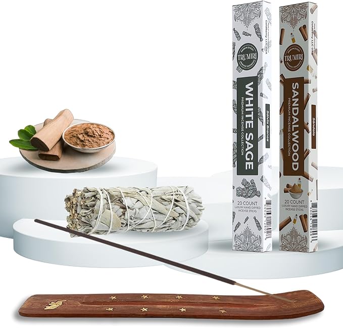 Trumiri Incense Combo Pack - 40 Sticks (20 White Sage + 20 Sandalwood) - All Natural