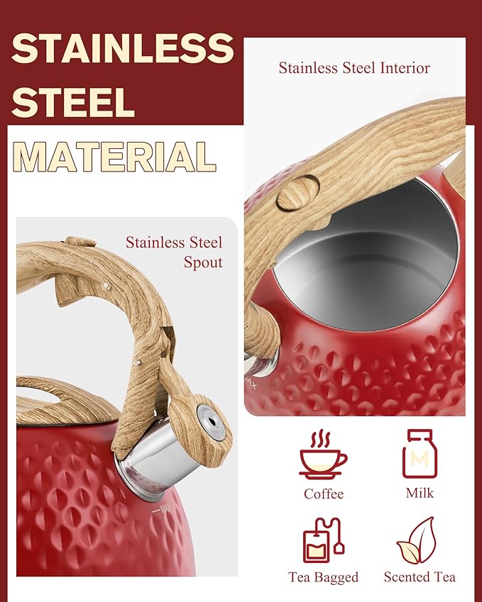 Tea Kettle,2.5 Quart Stovetop Tea Kettles Loud Whistle,Food Grade Stainless Steel Water kettles for Stove Top with Anti-hot Ergonomic Handle,Suitable for All Heat Sources - Bloomnest