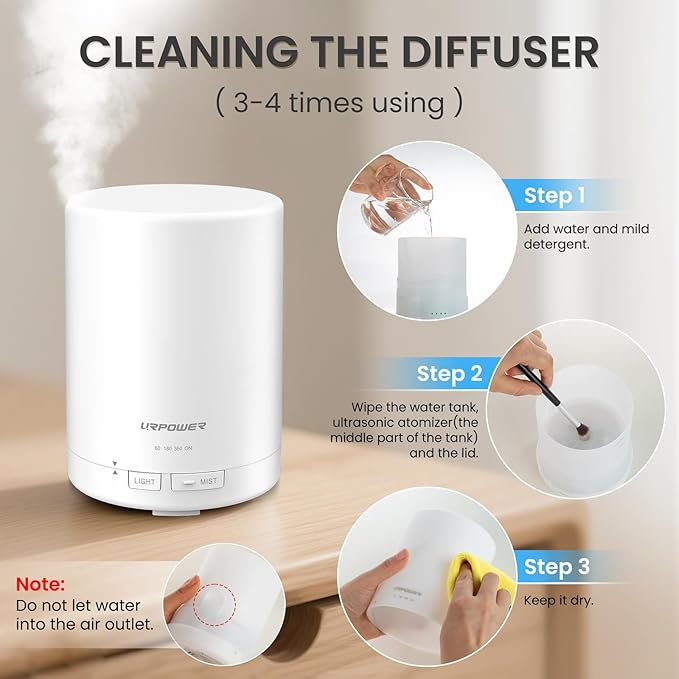 URPOWER 300ml Essential Oil Diffuser: Ultrasonic Aromatherapy Diffuser Quiet Auto Shut-Off, 4 Timer Settings(1H 3H 6H ON) & 7-Color Night Light Humidifier for Yoga Bedroom Living Room Office - Bloomnest
