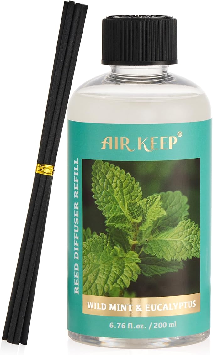 Airkeep Reed Diffuser Oil Refill with Diffuser Sticks, 6.76 Fl Oz(200ml) Wild Mint&Eucalyptus Scented Oils, Aroma Therapy, Home Fragrance & Air Freshener, Office Décor, Decoration - Bloomnest