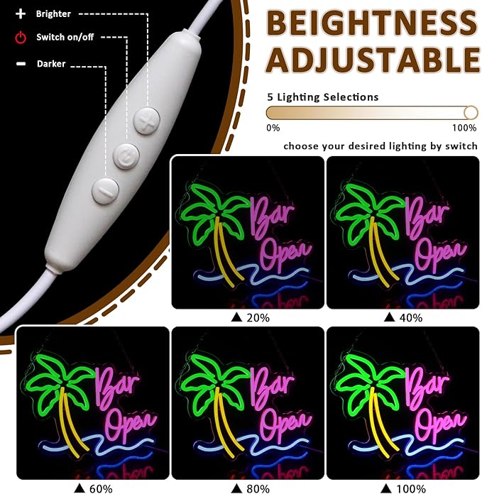 Bar Open Sign for Business, Neon Open Sign, USB Dimmable Palm Tree Neon Lights for Beer Bar Coffee Cafe Home Pub Man Cave Stores Hotel Party Window Wall Decor Restaurant - Bloomnest