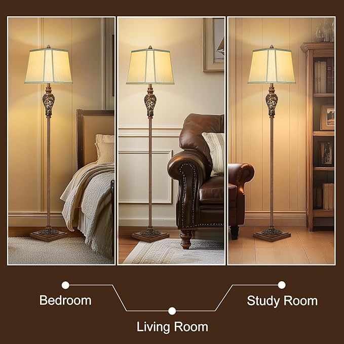 Vintage Floor Lamp with Nightlight, 65" Rustic Standing Lamp with Beige Faux Silk Shade, Farmhouse Style Design Tall Lamp Decor for Living Room Bedroom Study Home Office Corner- Bronze (Bulb Included) - Bloomnest