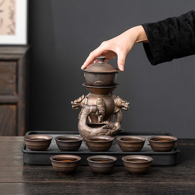 Kungfu Tea Sets Ceramic Teapot with Infuser Loose Leaf Tea Teapot with 8 cups (Antique Brass Dragons) - Bloomnest