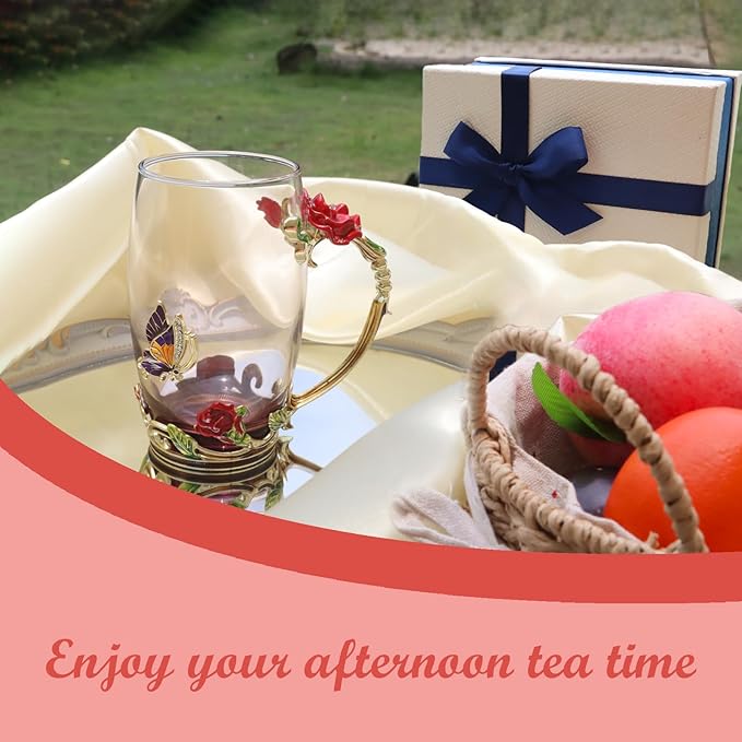 Flower Tea Cup ,Butterfly Rose Clear Glass Fancy Coffee Mug with Spoon,Gift Box for Her Mom Wife Grandma Girls Friends Valentines Christmas Birthday Present Idea for Juice,Hot And Cold Drinks Use - Bloomnest