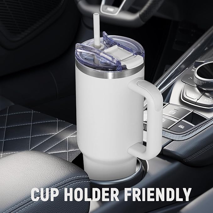 40 oz Tumbler with Handle and Straw Lid,Insulated Reusable Stainless Steel Water Bottle Travel Mug，Cupholder Friendly Double Wall Vacuum Sealed Cup (Cold White) - Bloomnest