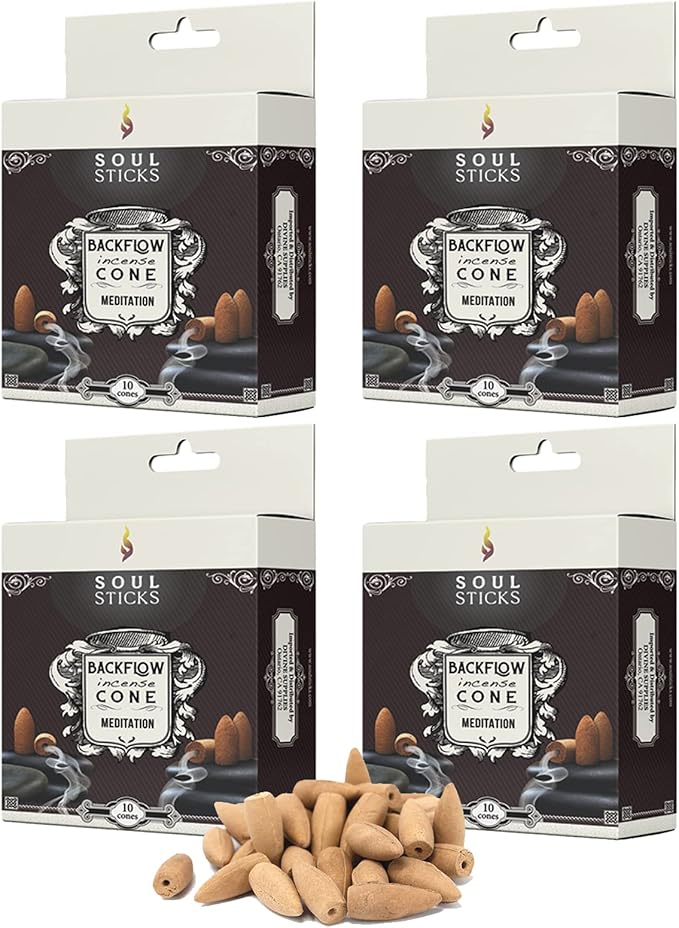 Soul Sticks Backflow Incense Cones – 40 Handmade Organic Cones for Waterfall Burner | 4 Pack Long Lasting Aromatic Scents | Thick White Smoke Incense for Meditation, Yoga & Gifts (Meditation) SoulSticks