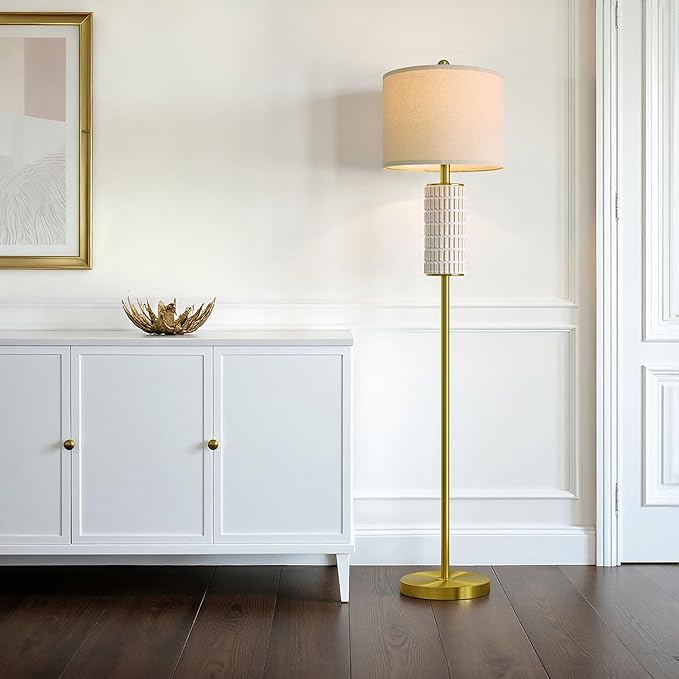 PoKat Gold Ceramic Floor Lamp for Living Room Bedroom, 64" Modern Standing Lamp with Rotary Switch, Tall Living Room Lamp Decor for Reading Corner, Home Office, Nursery - Bloomnest