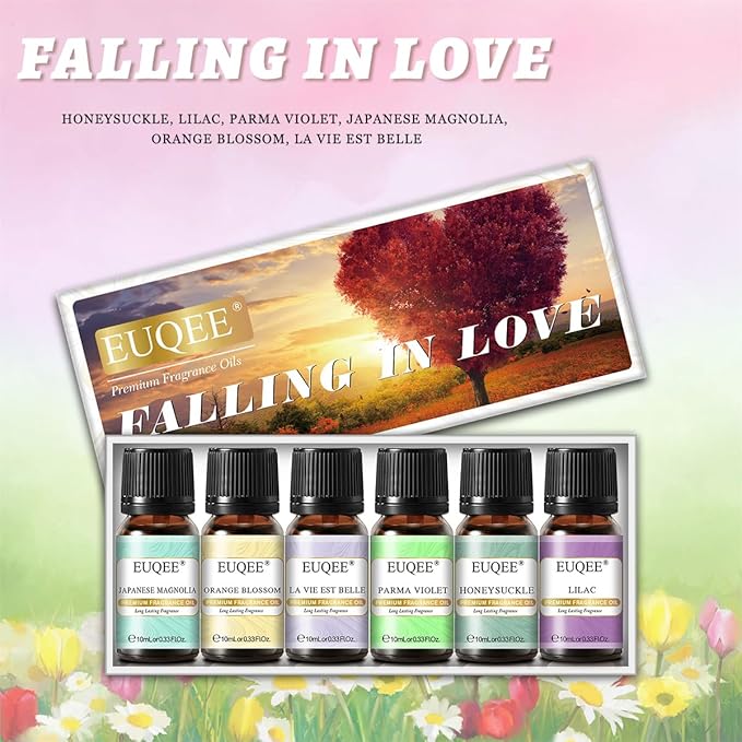 EUQEE Premium Floral Fragrance Oils Set 6PCS Fragrance Oils Set for Diffuser, DIY Candle - Honeysuckle, Lilac, Japanese Magnolia, Violet, Orange Blossom (10ml) EUQEE